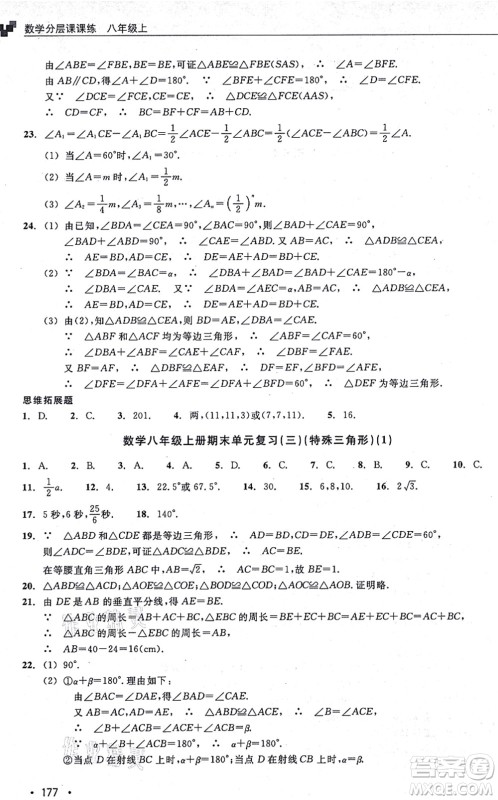 浙江教育出版社2021分层课课练八年级数学上册ZH浙教版答案