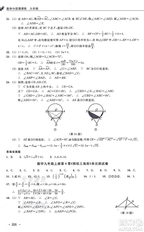 浙江教育出版社2021分层课课练九年级数学上册ZH浙教版答案