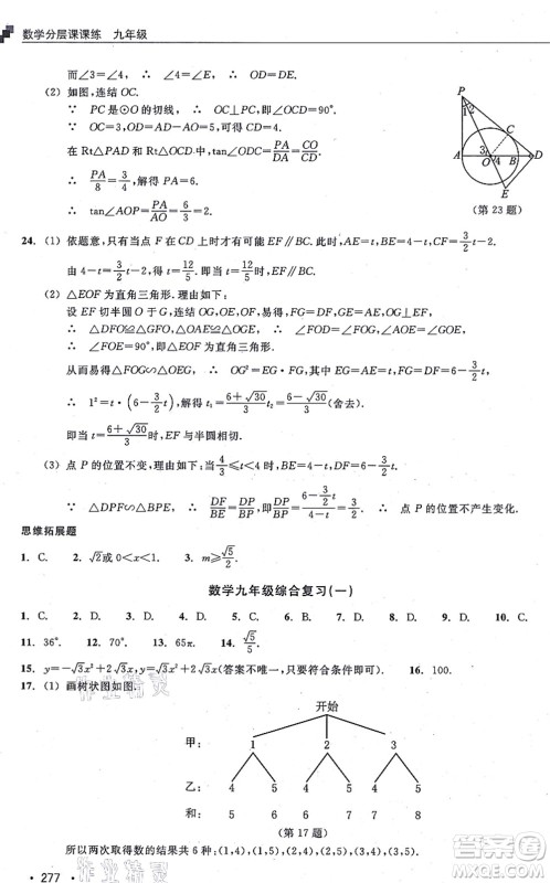 浙江教育出版社2021分层课课练九年级数学上册ZH浙教版答案