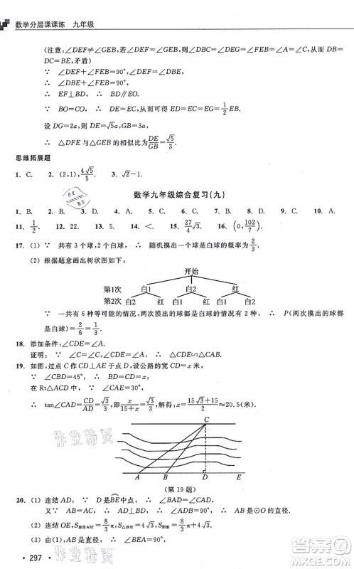 浙江教育出版社2021分层课课练九年级数学上册ZH浙教版答案