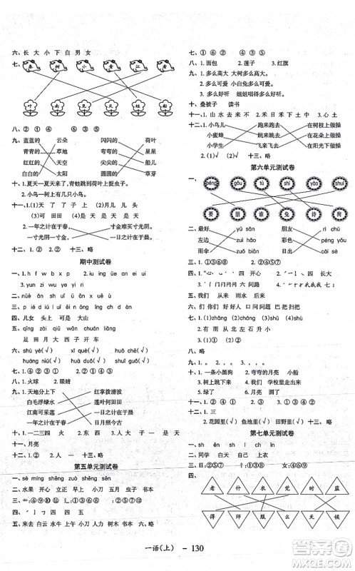 北方妇女儿童出版社2021小学语文学习好帮手一年级上册人教版答案