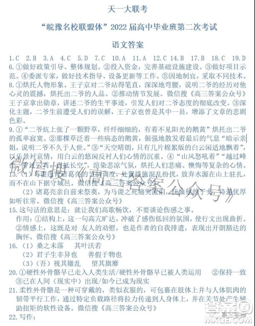 天一大联考皖豫名校联盟体2022届高中毕业班第二次考试语文试题及答案