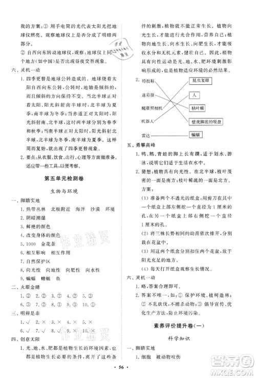 山东教育出版社2021小学同步练习册分层卷六年级科学上册青岛版参考答案