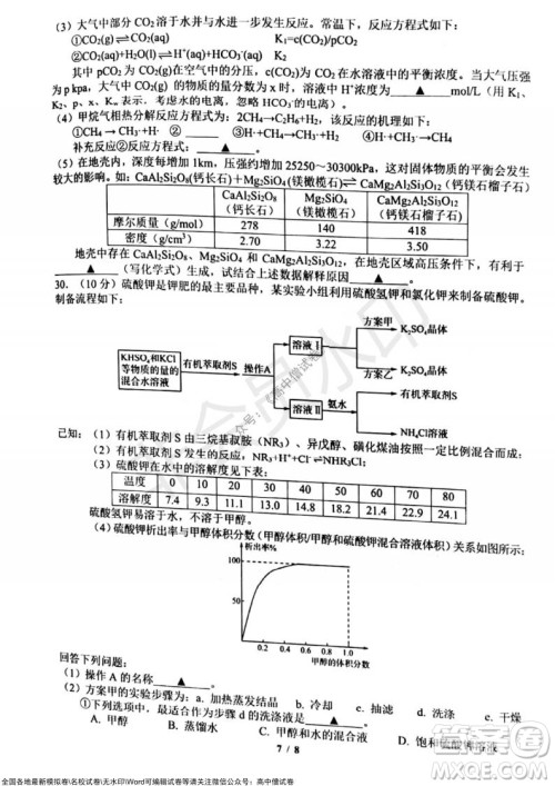 2021年山水联盟12月联考高三化学试题及答案