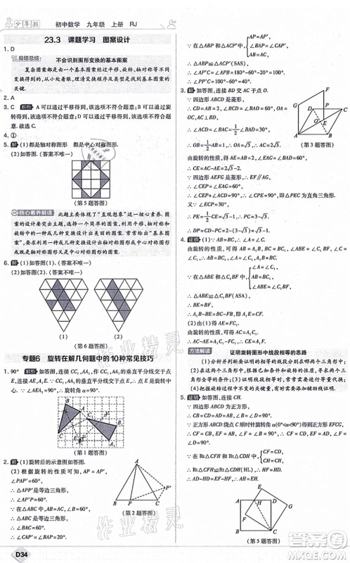 开明出版社2021少年班九年级数学上册RJ人教版答案