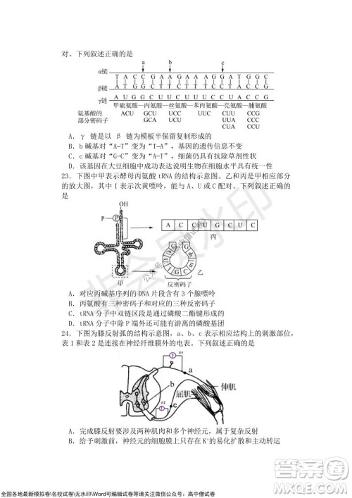 2021年山水联盟12月联考高三生物试题及答案