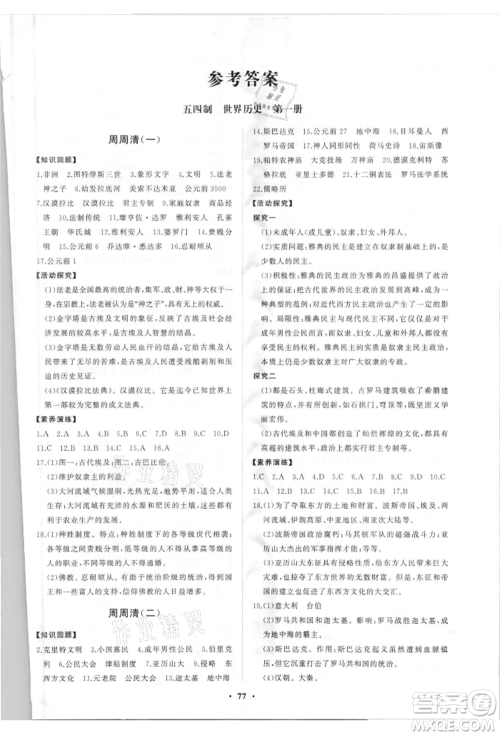 山东教育出版社2021初中同步练习册分层卷五四制世界历史第一册人教版参考答案