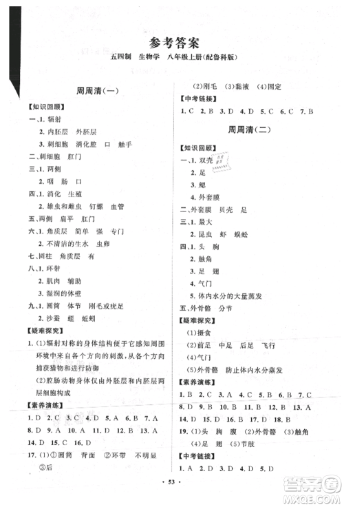 山东教育出版社2021初中同步练习册分层卷五四制八年级生物上册鲁科版参考答案