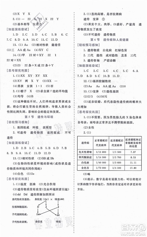 北京师范大学出版社2021课内课外直通车八年级生物上册北师大版福建专版答案