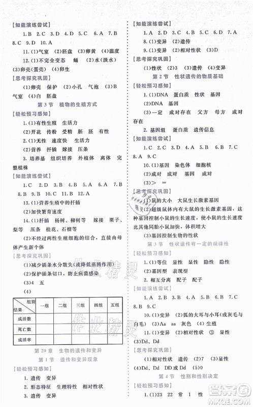 北京师范大学出版社2021课内课外直通车八年级生物上册北师大版福建专版答案