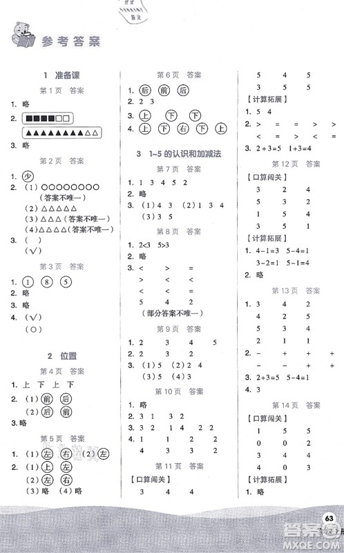 阳光出版社2021阶梯计算一年级数学上册RJ人教版答案