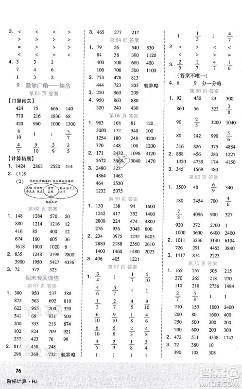 阳光出版社2021阶梯计算三年级数学上册RJ人教版答案