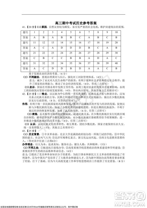 重庆八中2021-2022学年第一学期期中考试高三历史试题及答案