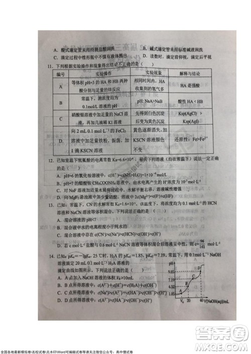 安徽六安一中学2022届高三年级第四次月考化学试题及答案