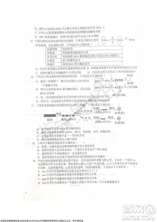 安徽六安一中学2022届高三年级第四次月考生物试题及答案