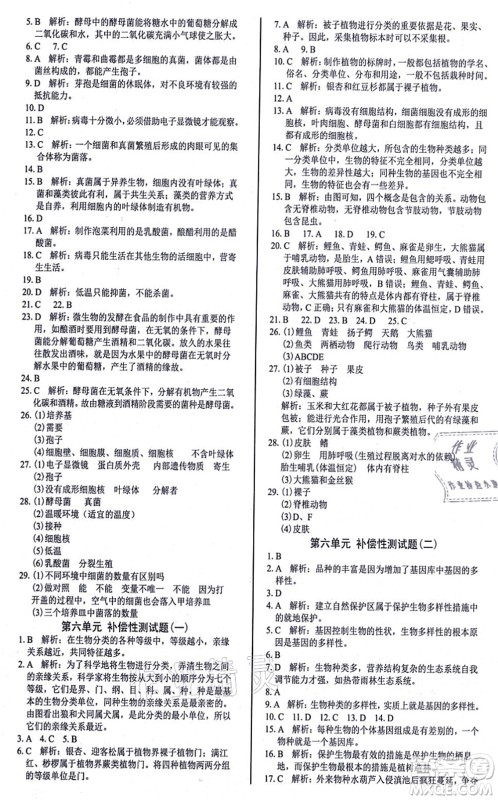 阳光出版社2021学考2+1随堂10分钟平行性测试题八年级生物上册RJ人教版答案