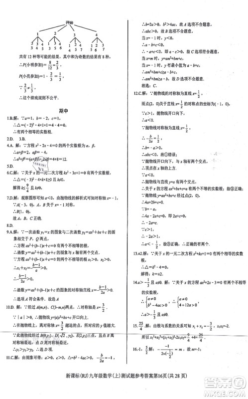 阳光出版社2021学考2+1随堂10分钟平行性测试题九年级数学上册RJ人教版答案