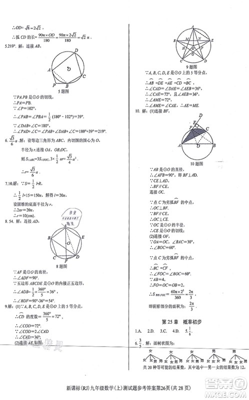 阳光出版社2021学考2+1随堂10分钟平行性测试题九年级数学上册RJ人教版答案