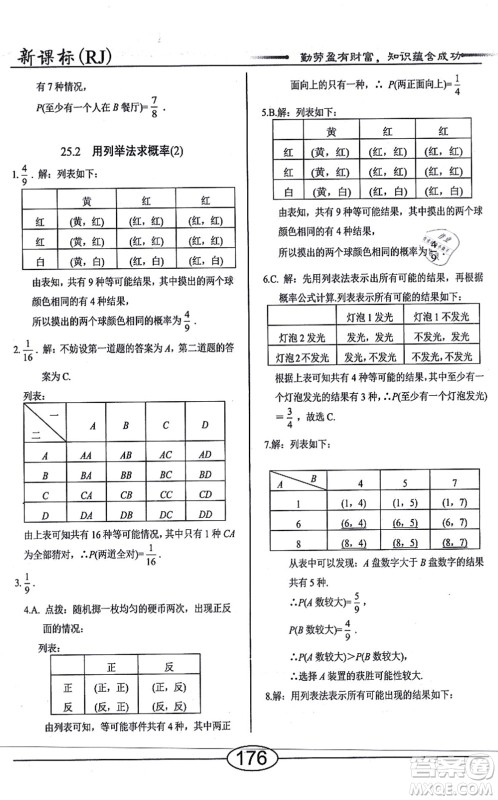 阳光出版社2021学考2+1随堂10分钟平行性测试题九年级数学上册RJ人教版答案