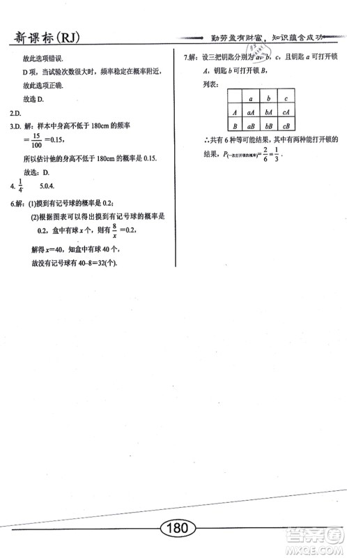 阳光出版社2021学考2+1随堂10分钟平行性测试题九年级数学上册RJ人教版答案