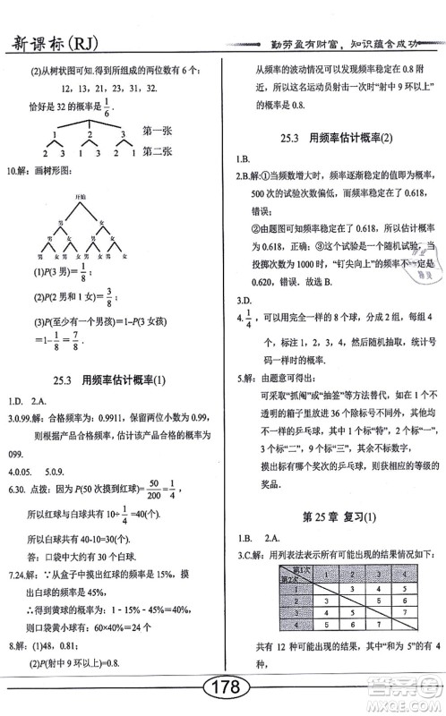 阳光出版社2021学考2+1随堂10分钟平行性测试题九年级数学上册RJ人教版答案
