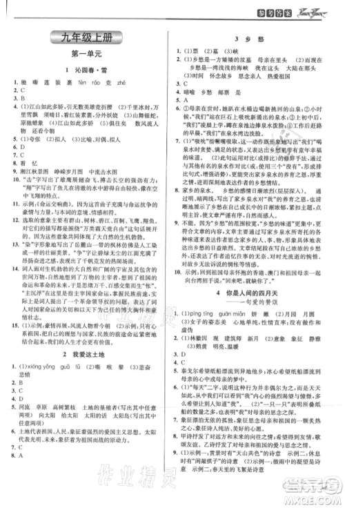 北京教育出版社2021教与学课程同步讲练九年级语文人教版参考答案