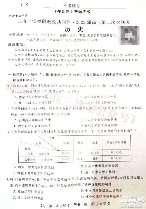五市十校教研教改共同体2022届高三第二次大联考历史试题及答案 五市十校教研教改共同体2022届高三第二次大联考历史试题及答案