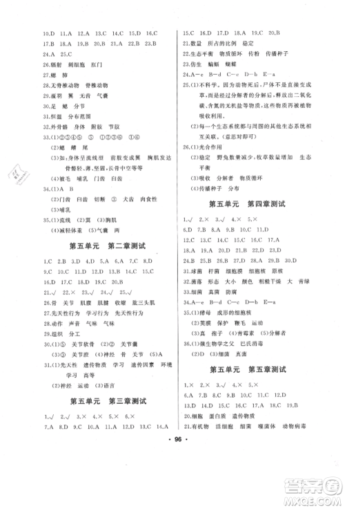 延边人民出版社2021试题优化课堂同步八年级生物上册人教版参考答案