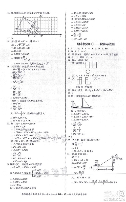 电子科技大学出版社2021零障碍导教导学案九年级数学全一册BSSX北师版答案