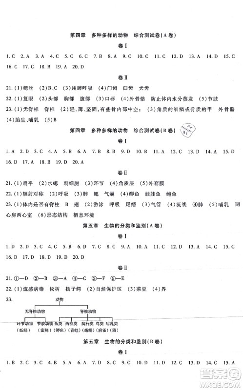 吉林教育出版社2021海淀金卷七年级生物上册JS冀少版答案