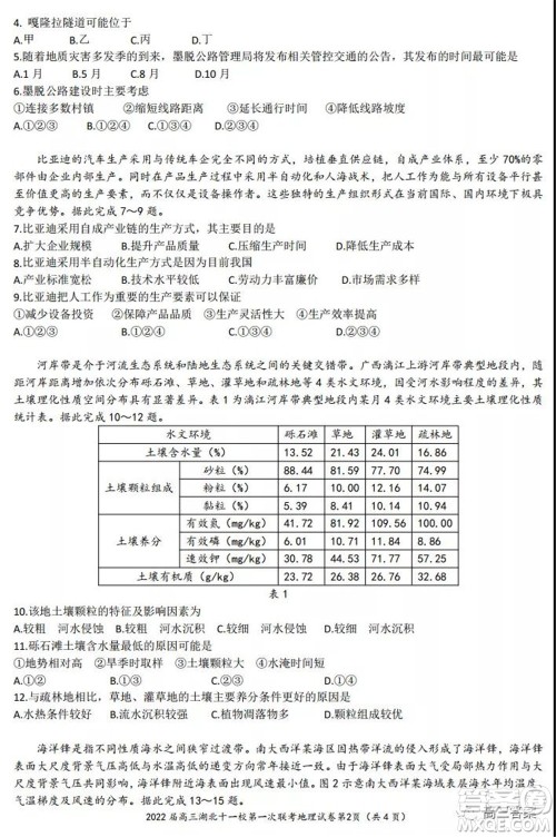 2022届高三湖北十一校第一次联考地理试题及答案