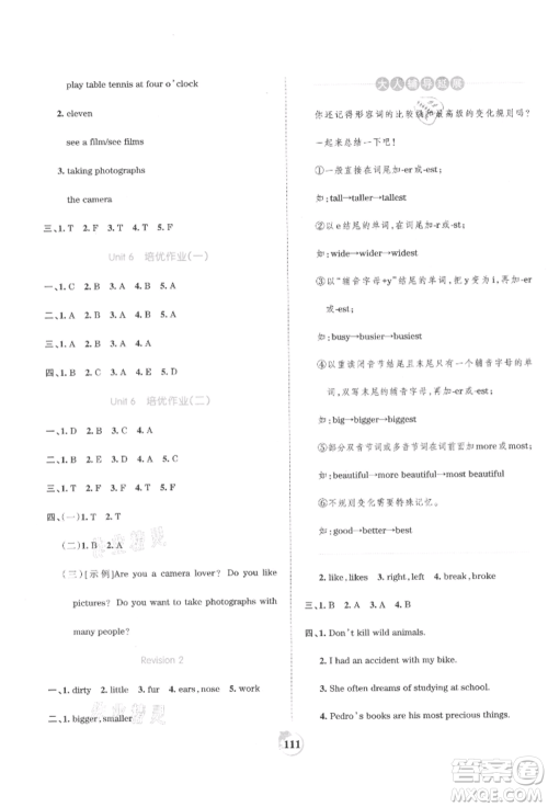 江西人民出版社2021王朝霞德才兼备作业创新设计六年级英语上册剑桥版参考答案