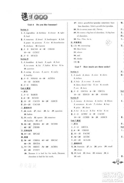 东北师范大学出版社2021悦然好学生北大绿卡课课大考卷七年级英语上册人教版长春专版参考答案