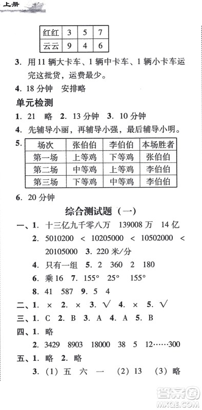 新世纪出版社2021培生新课堂小学数学同步训练与单元测评四年级上册人教版答案