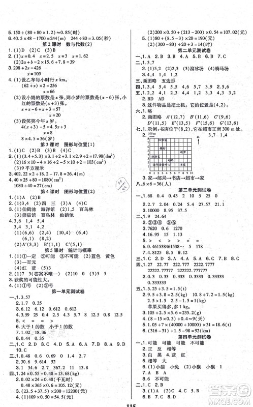 沈阳出版社2021培优三好生课时作业五年级数学上册A人教版福建专版答案