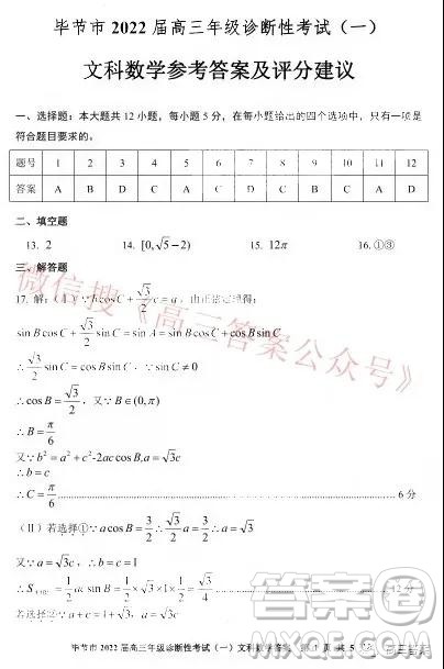 毕节市2022届高三年级诊断性考试一文科数学试题及答案