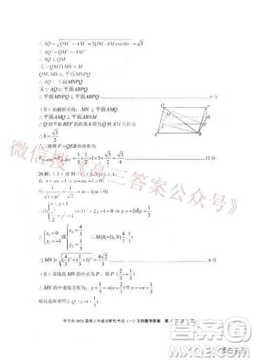 毕节市2022届高三年级诊断性考试一文科数学试题及答案