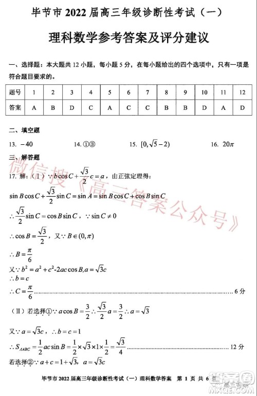 毕节市2022届高三年级诊断性考试一理科数学试题及答案