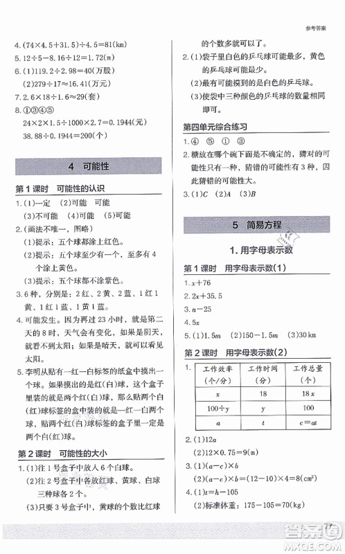 江苏凤凰美术出版社2021木头马解决问题小状元五年级数学上册RJ人教版答案