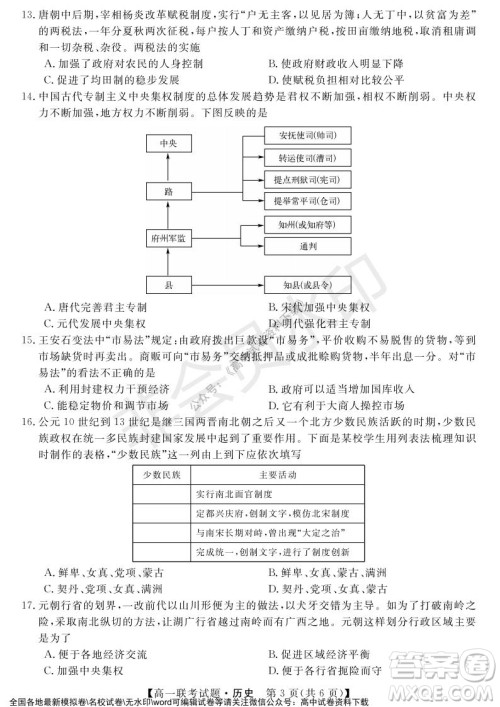 湖南省五市十校2021年12月高一年级联考试题历史答案 湖南省五市十校2021年12月高一年级联考试题历史答案