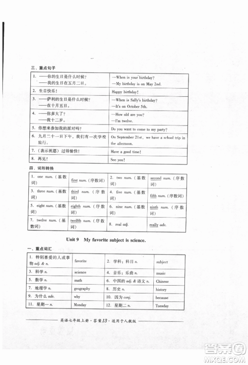 四川教育出版社2021单元测评七年级英语上册人教版参考答案 四川教育出版社2021单元测评七年级英语上册人教版参考答案