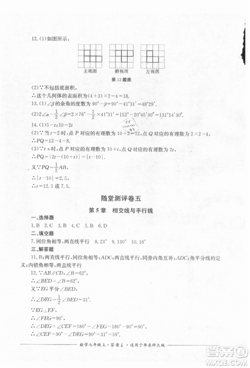 四川教育出版社2021单元测评七年级数学上册华师大版参考答案