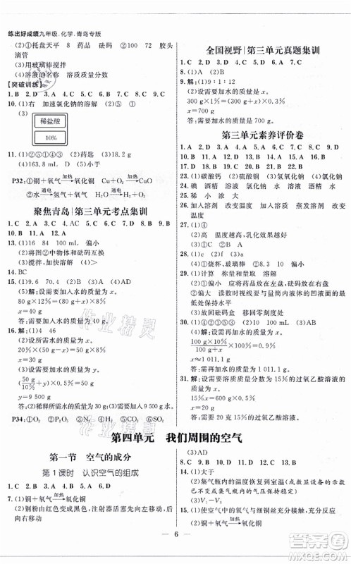 南方出版社2021练出好成绩九年级化学全一册人教版青岛专版答案 南方出版社2021练出好成绩九年级化学全一册人教版青岛专版答案