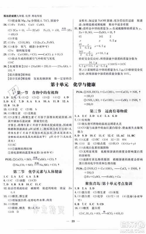 南方出版社2021练出好成绩九年级化学全一册人教版青岛专版答案 南方出版社2021练出好成绩九年级化学全一册人教版青岛专版答案