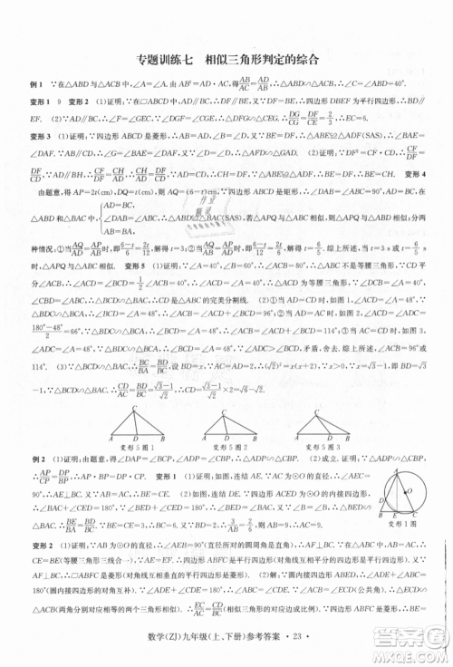 浙江工商大学出版社2021习题e百课时训练九年级数学浙教版参考答案