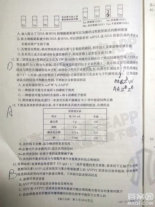 2022届辽宁金太阳12月联考高三生物试题及答案