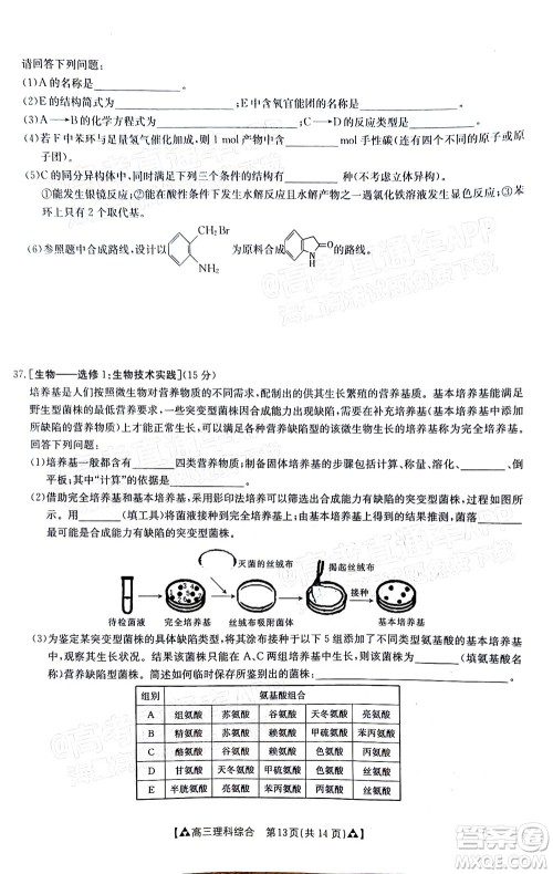 2022届西南四省金太阳12月联考高三理科综合试题及答案