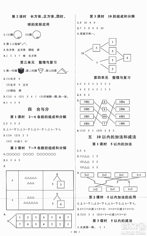 延边教育出版社2021每时每刻快乐优+作业本一年级数学上册JJ冀教版答案