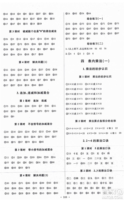 延边教育出版社2021每时每刻快乐优+作业本二年级数学上册RJ人教版答案