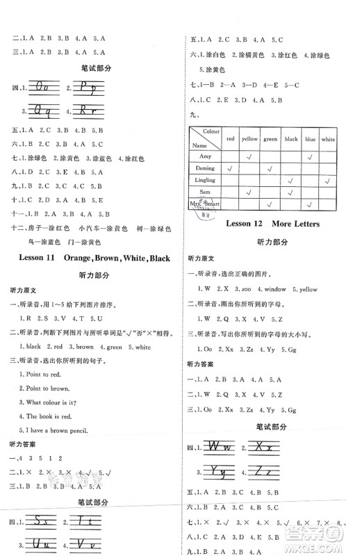 延边教育出版社2021每时每刻快乐优+作业本三年级英语上册JJ冀教版答案